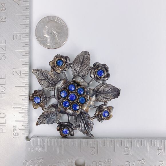 Vintage Mid Century Signed Little Nemo Floral Brooch Blue Rhinestone Flower Leaf - Picture 8 of 10